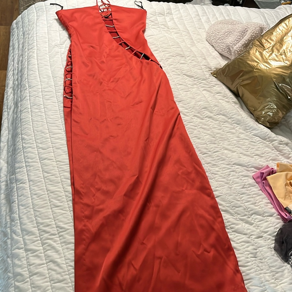 Burnt orange slit dress
